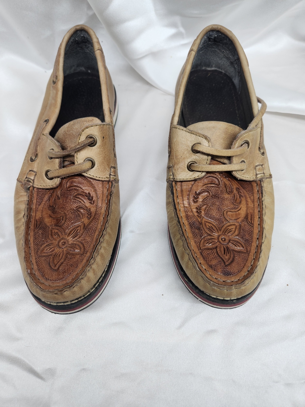 Roper Two-Tone Floral Embossed Leather Boat Shoes - Tan/Brown